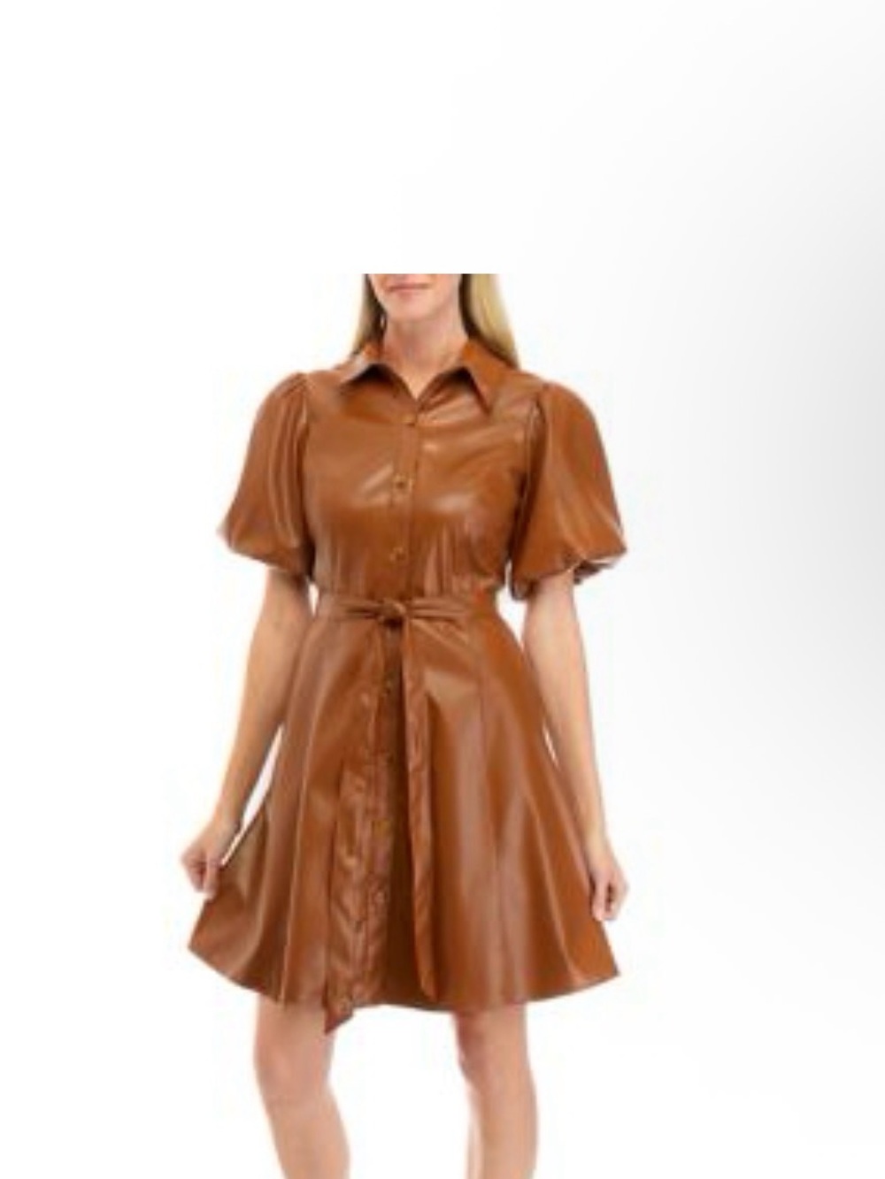 Maison Tara Cognac Faux Leather Puff-Sleeve Button-Front Mini Dress